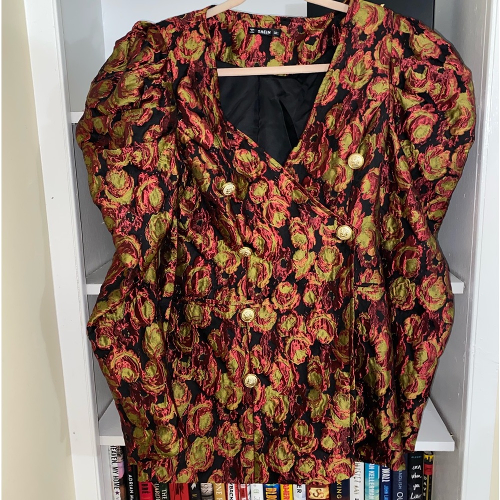Shein jacquard puffy shoulder long sleeve dress